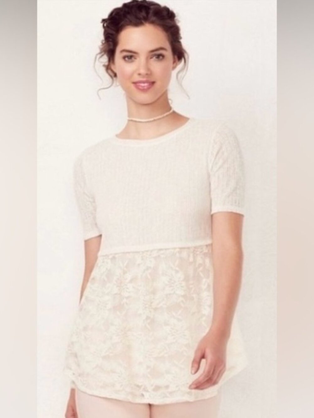 LC Lauren Conrad Cream Lace Layered Babydoll Women's Top - Size Large.